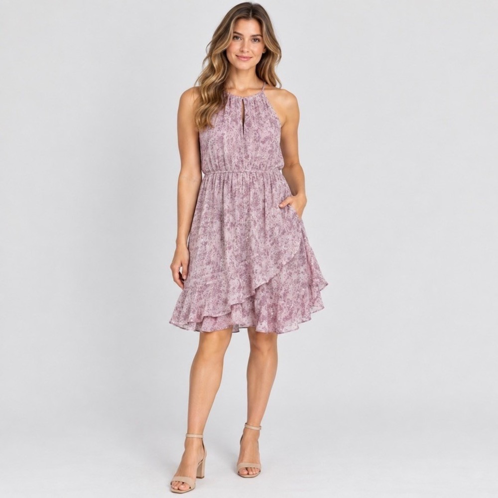 Altered State Womens Large Pink Floral Halter Mini Dress Boho Coquette Lurex NWT